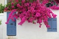 White House With Blue Door and Pink Bougainvillea, Greece Royalty Free Stock Photo