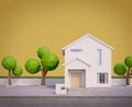 White house exterior.Gable roof,glass window and low poly trees with yellow background.