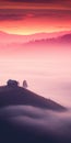 Surreal Cinematic Minimalistic Shot: Red Sunset With Fog Covered Hill