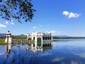 A white house in the lake of Banyoles Royalty Free Stock Photo