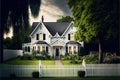 a white house with a white picket fence and trees in front of it and a dark sky in the background Royalty Free Stock Photo