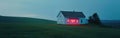 a white house with red and blue lights is located in the middle of a green field Royalty Free Stock Photo