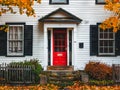 A white house with a red door and fall leaves Royalty Free Stock Photo