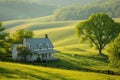 A white house stands atop a vibrant green hillside, providing an idyllic countryside setting, A rustic farmhouse nestled among