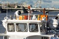 A closeup of an empty white tentbooth outside. ship`s rescue and signaling equipment. Royalty Free Stock Photo