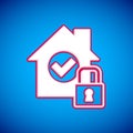 White House under protection icon isolated on blue background. Home and lock. Protection, safety, security, protect Royalty Free Stock Photo