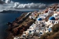 white houses with blue roofs.top view of the resort coastal town