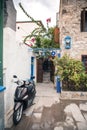 White houses in Greek style. The narrow streets of Bodrum. Homes residents. Blue ornaments and architectural elements