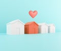 White houses and one red. Red papercraft house with heart, beloved family home concept. Searching for real estate property Royalty Free Stock Photo