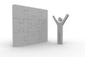White human figure raising arms next to solved jigsaw puzzle Royalty Free Stock Photo