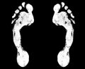 White human footprint black background isolated closeup, barefoot person foot print pattern illustration, footstep silhouette mark Royalty Free Stock Photo