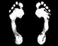 White human footprint black background isolated closeup, barefoot person foot print pattern illustration, footstep silhouette mark