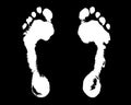 White human footprint black background isolated closeup, barefoot person foot print pattern illustration, footstep silhouette mark