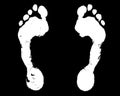 White human footprint black background isolated closeup, barefoot person foot print pattern illustration, footstep silhouette mark Royalty Free Stock Photo