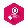 White Human hand giving money icon isolated with long shadow background. Receiving money icon. Pink hexagon button Royalty Free Stock Photo