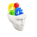 white human head with colored gear wheels