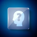 White Human head with question mark icon isolated on blue background. Square glass panels. Vector Royalty Free Stock Photo