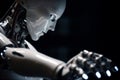 White humanoid cyborg pointing with finger on black background. Abstract robot, AI concept. AI generated