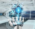 White humanoid hand using drone security camera 3D rendering Royalty Free Stock Photo