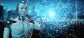 White humanoid robot creating new futuristic energy power source 3D rendering