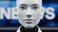 White Humanoid Robot Head with Blue Eyes Against Blurred Blue News Background Representing Digital Artificial Intelligence Future Royalty Free Stock Photo