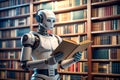 White humanoid robot reading a book in library. Smart robot. Futuristic concept. Ai generated