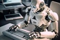 White humanoid robot typing on a computer keyboard, generative ai Royalty Free Stock Photo