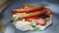 White hummus carrot plate closeup. Mediterranean cuisine vegetables appetizer Royalty Free Stock Photo
