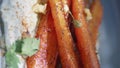 White hummus carrot plate closeup. Mediterranean cuisine appetizer vertically