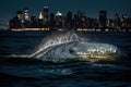 White humpback whale breaching on Hudson River in front of New york city illuminated skyscrapers at night illustration generative