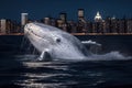 White humpback whale breaching on Hudson River in front of New york city illuminated skyscrapers at night illustration generative