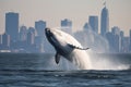 White humpback whale breaching on Hudson River in front of New york city illustration generative ai