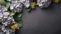 Gray Hydrangea Border On Decorative Dark Silver And Light Gold Background