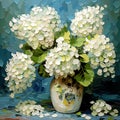 White hydrangeas in a vase on a blue background, square impasto oil painting. Generative AI