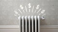 White hydronic heating radiator with dollar signs radiating above, creating a Royalty Free Stock Photo