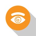 White Hypnosis icon isolated on white background. Human eye with spiral hypnotic iris. Orange circle button. Vector