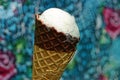 White ice cream in a brown waffle cup on a colored background Royalty Free Stock Photo