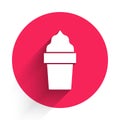 White Ice cream in waffle cone icon isolated with long shadow. Sweet symbol. Red circle button. Vector Royalty Free Stock Photo