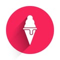 White Ice cream in waffle cone icon isolated with long shadow. Sweet symbol. Red circle button. Vector Royalty Free Stock Photo