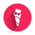 White Ice cream in waffle cone icon isolated with long shadow. Sweet symbol. Red circle button. Vector Royalty Free Stock Photo