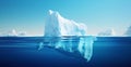 White Iceberg floating in clear blue water sea, under and above water view. Global Warming Concept. Generative AI Royalty Free Stock Photo