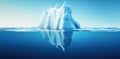 White Iceberg floating in clear blue water sea, under and above water view. Global Warming Concept. Generative AI Royalty Free Stock Photo