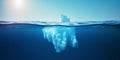 White Iceberg floating in clear blue water sea, under and above water view. Global Warming Concept. Generative AI Royalty Free Stock Photo