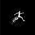 White icon of jumper silhouette on black background, sport logo template, jogging or jumping modern logotype concept, t