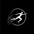 White icon of runner or jumper silhouette on black background, sport logo template, jogging or jumping modern logotype