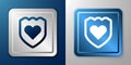 White Immune system icon isolated on blue and grey background. Medical shield. Silver and blue square button. Vector