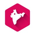 White India map icon isolated with long shadow. Pink hexagon button. Vector Royalty Free Stock Photo