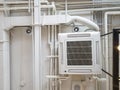 White Industrial air conditioner cooling pipe with plumbing at ceiling. Ventilation system ceiling air duct