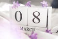 White infinite calendar on white background with 8 march date. International woman`s day