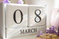 White infinite calendar on white background with 8 march date. International woman`s day